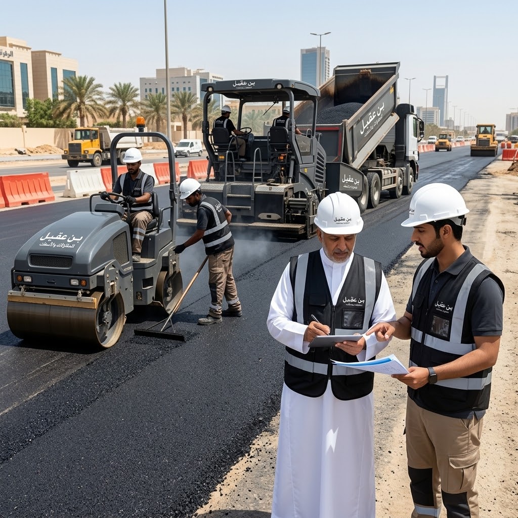 تصور توضيحي لمعدات سفلتة وعمال أثناء تجهيز طريق